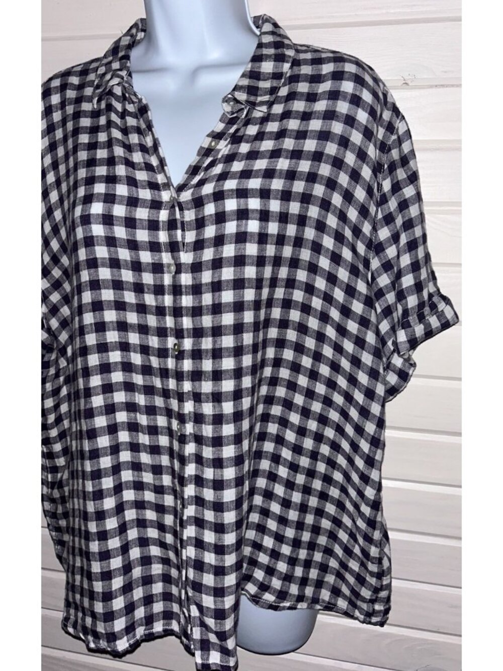 C&C CALIFORNIA Sz XL Blue White Linen S/S Collared Top Washable Button Up EUC